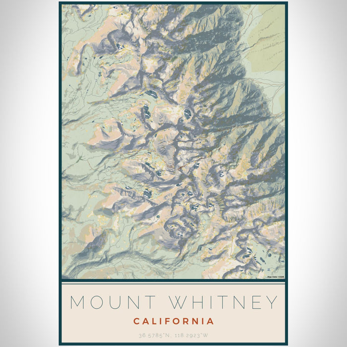 Mount Whitney California Map Print Portrait Orientation in Woodblock Style With Shaded Background