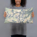 Person holding 20x12 Custom Mount Whitney California Map Throw Pillow in Woodblock