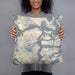 Person holding 18x18 Custom Mount Whitney California Map Throw Pillow in Woodblock