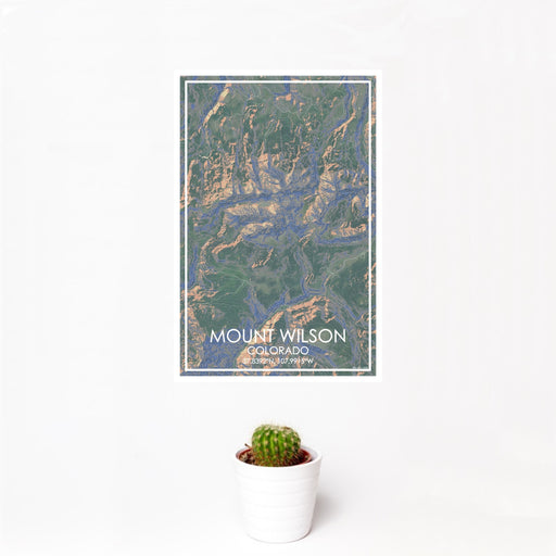 12x18 Mount Wilson Colorado Map Print Portrait Orientation in Afternoon Style With Small Cactus Plant in White Planter