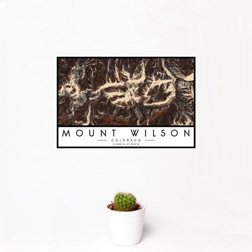 12x18 Mount Wilson Colorado Map Print Landscape Orientation in Ember Style With Small Cactus Plant in White Planter