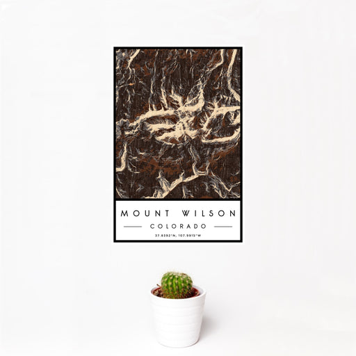12x18 Mount Wilson Colorado Map Print Portrait Orientation in Ember Style With Small Cactus Plant in White Planter