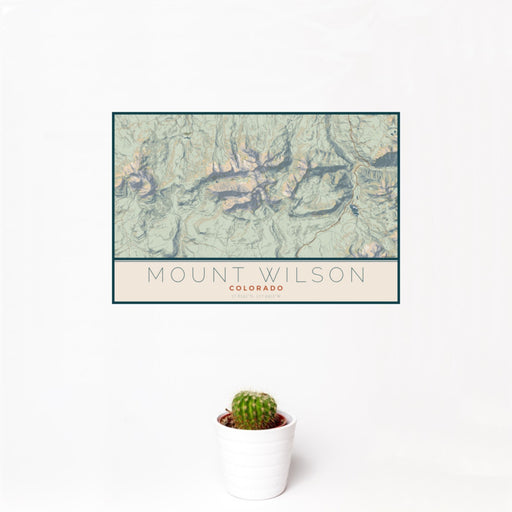12x18 Mount Wilson Colorado Map Print Landscape Orientation in Woodblock Style With Small Cactus Plant in White Planter