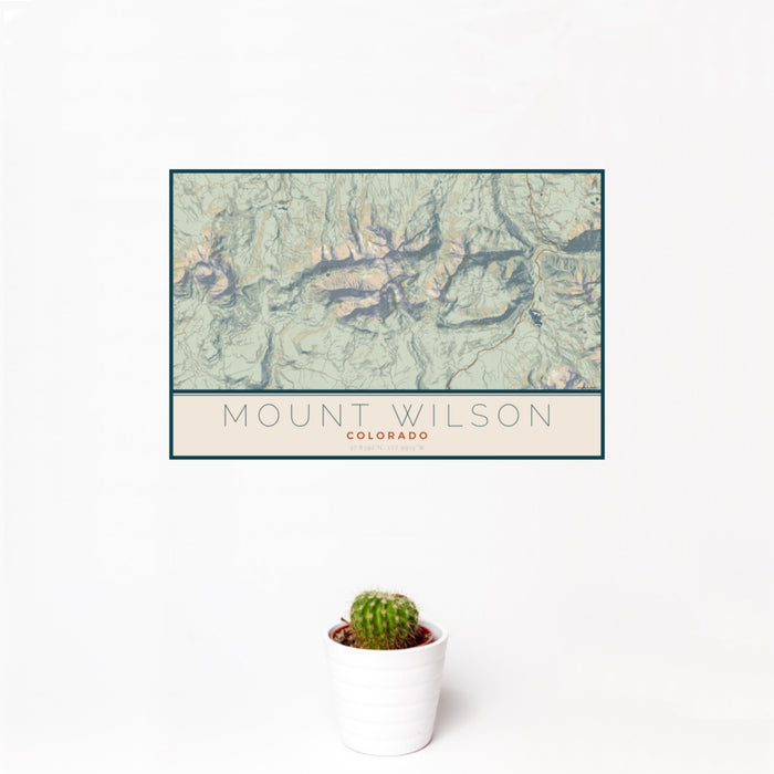 12x18 Mount Wilson Colorado Map Print Landscape Orientation in Woodblock Style With Small Cactus Plant in White Planter