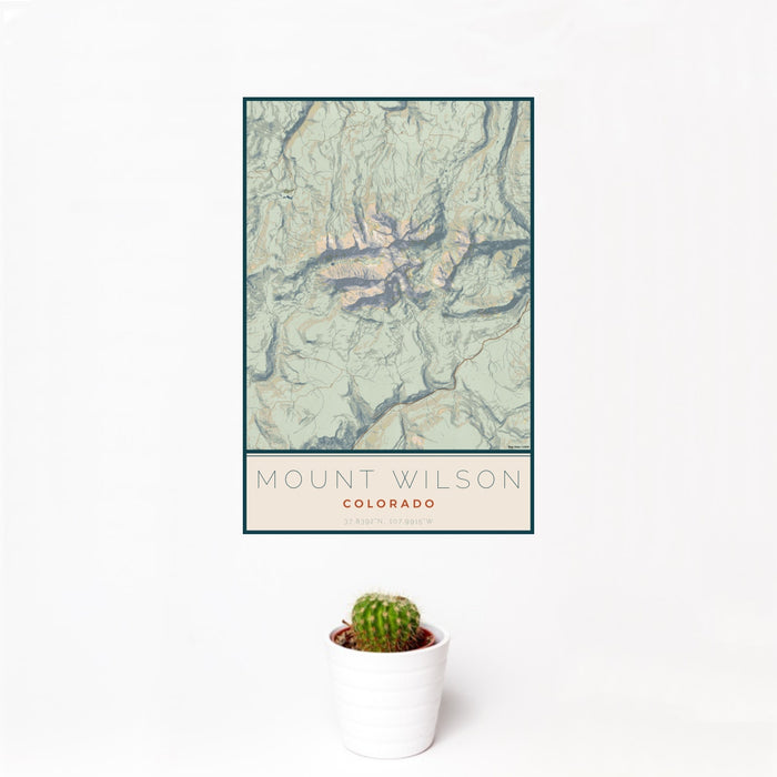 12x18 Mount Wilson Colorado Map Print Portrait Orientation in Woodblock Style With Small Cactus Plant in White Planter