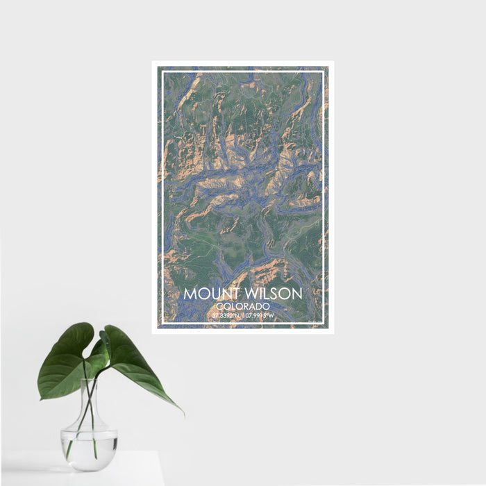 16x24 Mount Wilson Colorado Map Print Portrait Orientation in Afternoon Style With Tropical Plant Leaves in Water