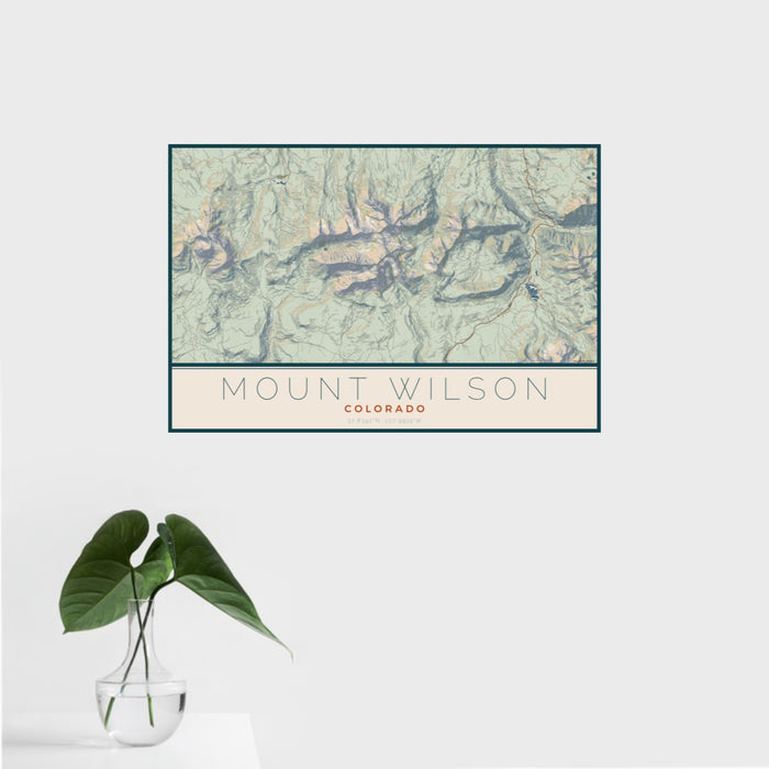 16x24 Mount Wilson Colorado Map Print Landscape Orientation in Woodblock Style With Tropical Plant Leaves in Water