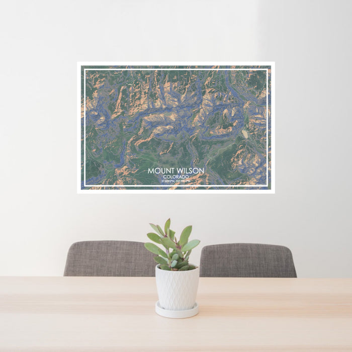 24x36 Mount Wilson Colorado Map Print Lanscape Orientation in Afternoon Style Behind 2 Chairs Table and Potted Plant