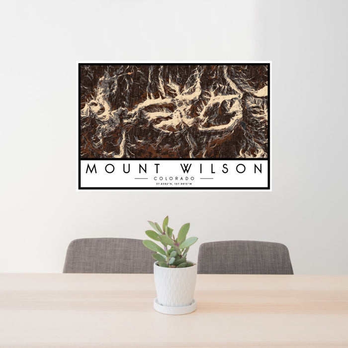 24x36 Mount Wilson Colorado Map Print Lanscape Orientation in Ember Style Behind 2 Chairs Table and Potted Plant