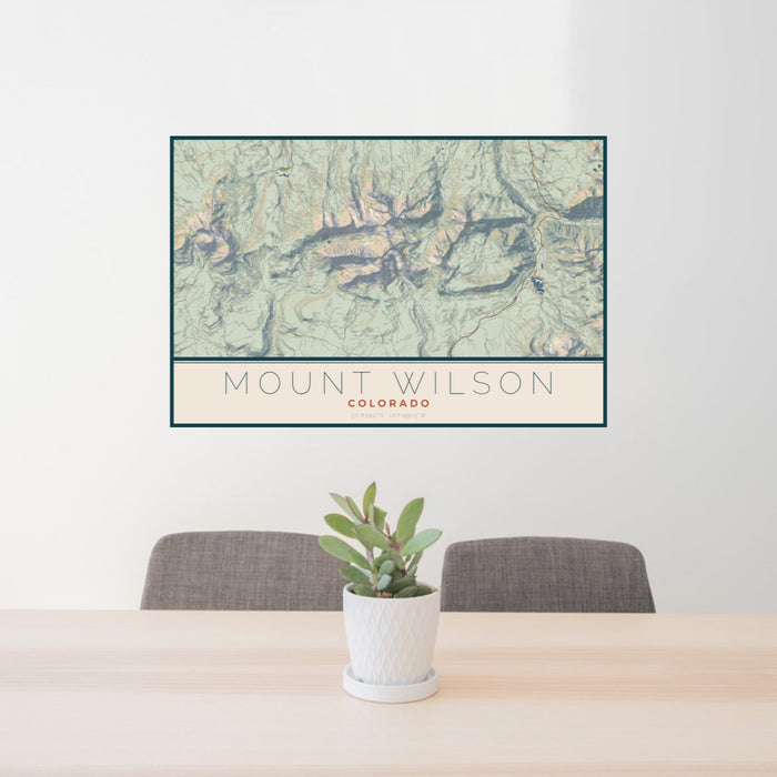 24x36 Mount Wilson Colorado Map Print Lanscape Orientation in Woodblock Style Behind 2 Chairs Table and Potted Plant