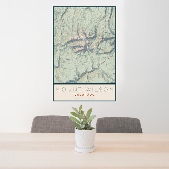 24x36 Mount Wilson Colorado Map Print Portrait Orientation in Woodblock Style Behind 2 Chairs Table and Potted Plant