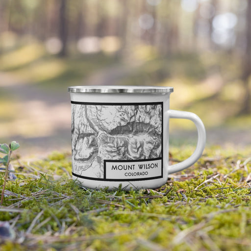 Right View Custom Mount Wilson Colorado Map Enamel Mug in Classic on Grass With Trees in Background