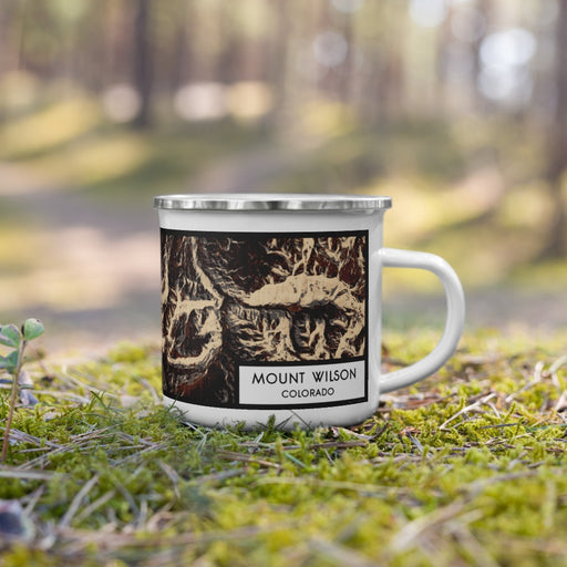 Right View Custom Mount Wilson Colorado Map Enamel Mug in Ember on Grass With Trees in Background