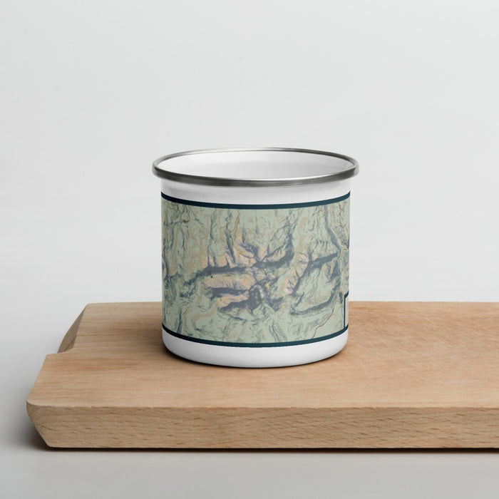 Front View Custom Mount Wilson Colorado Map Enamel Mug in Woodblock on Cutting Board