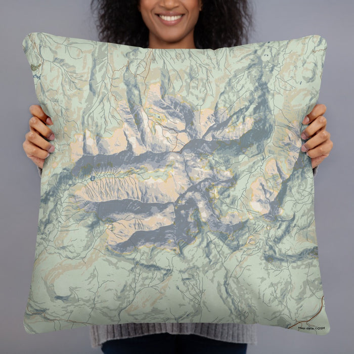 Person holding 22x22 Custom Mount Wilson Colorado Map Throw Pillow in Woodblock