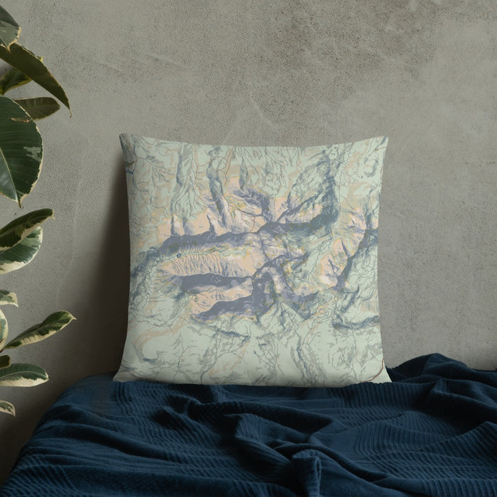 Custom Mount Wilson Colorado Map Throw Pillow in Woodblock on Bedding Against Wall