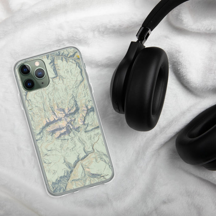 Custom Mount Wilson Colorado Map Phone Case in Woodblock on Table with Black Headphones