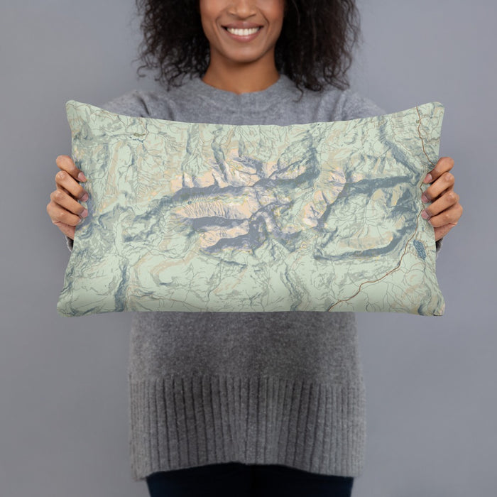 Person holding 20x12 Custom Mount Wilson Colorado Map Throw Pillow in Woodblock