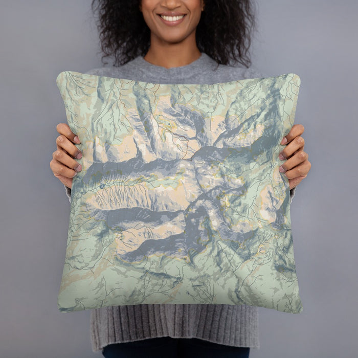 Person holding 18x18 Custom Mount Wilson Colorado Map Throw Pillow in Woodblock