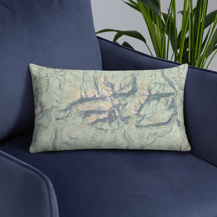 Custom Mount Wilson Colorado Map Throw Pillow in Woodblock on Blue Colored Chair
