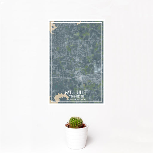12x18 Mt. Juliet Tennessee Map Print Portrait Orientation in Afternoon Style With Small Cactus Plant in White Planter