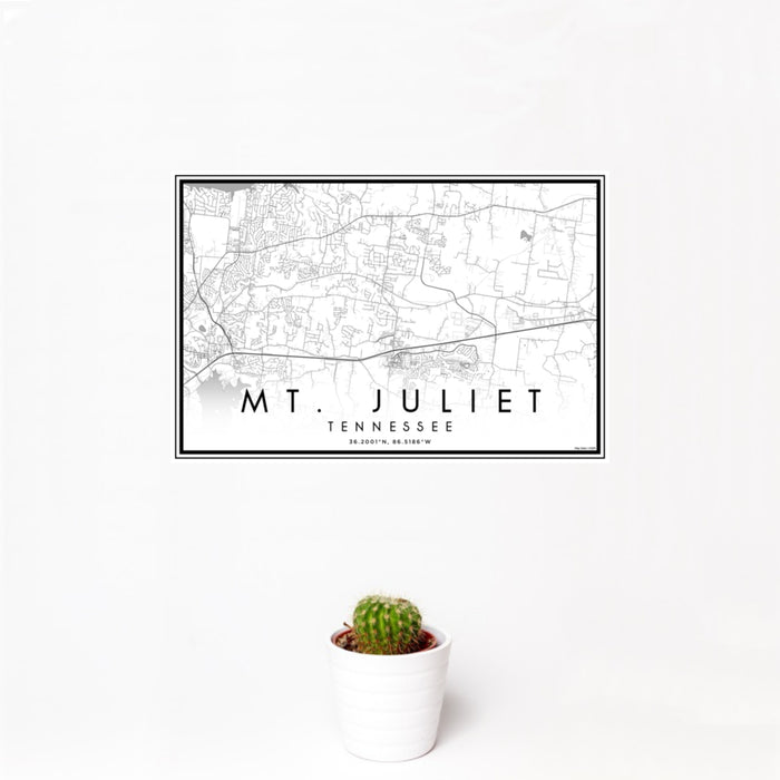 12x18 Mt. Juliet Tennessee Map Print Landscape Orientation in Classic Style With Small Cactus Plant in White Planter