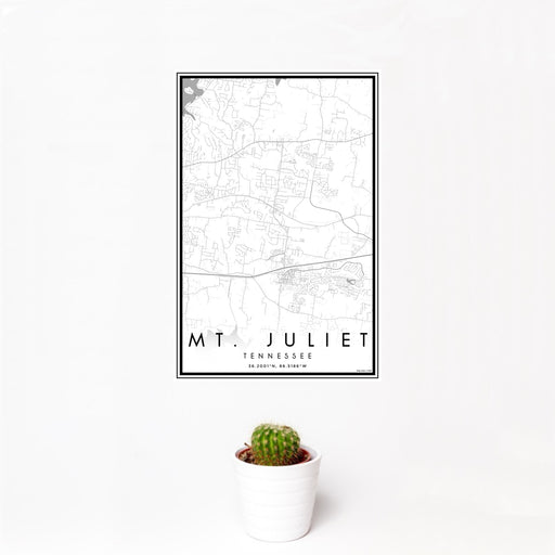 12x18 Mt. Juliet Tennessee Map Print Portrait Orientation in Classic Style With Small Cactus Plant in White Planter