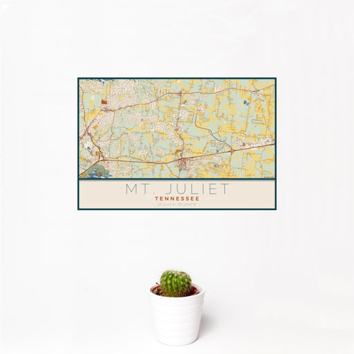 12x18 Mt. Juliet Tennessee Map Print Landscape Orientation in Woodblock Style With Small Cactus Plant in White Planter