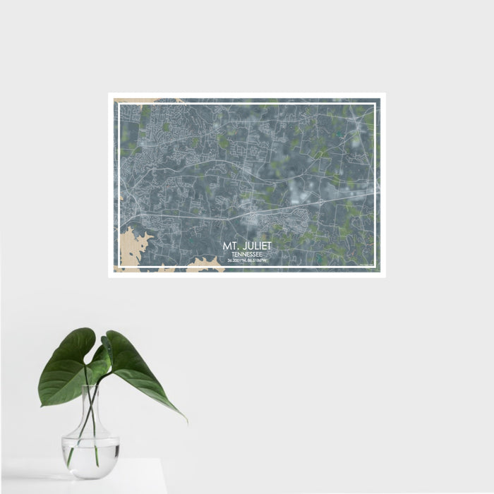 16x24 Mt. Juliet Tennessee Map Print Landscape Orientation in Afternoon Style With Tropical Plant Leaves in Water