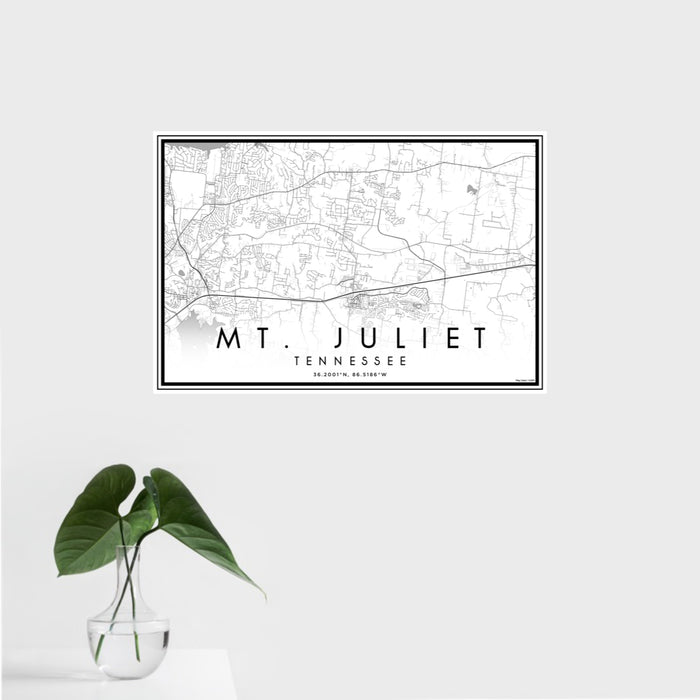 16x24 Mt. Juliet Tennessee Map Print Landscape Orientation in Classic Style With Tropical Plant Leaves in Water