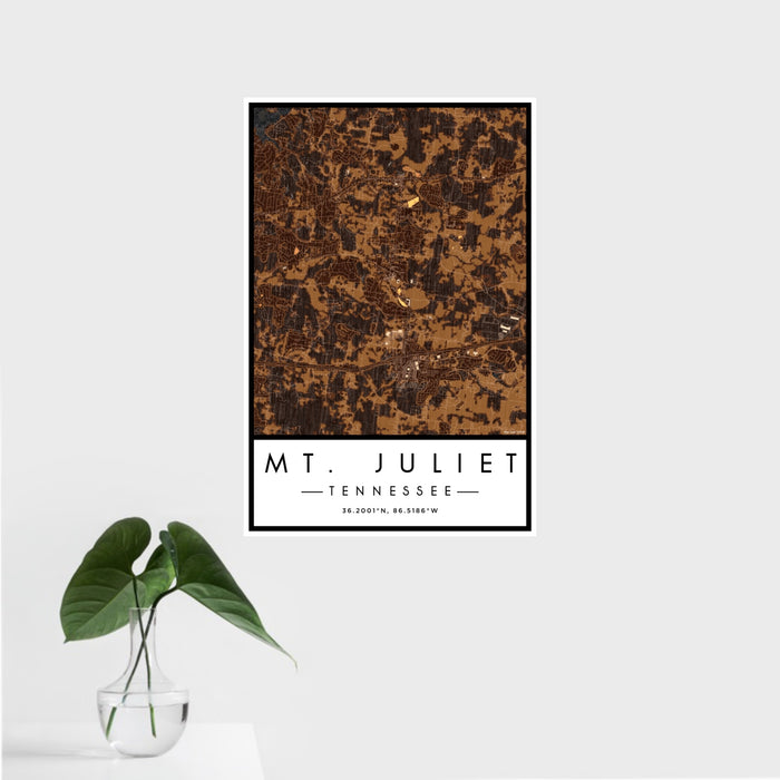 16x24 Mt. Juliet Tennessee Map Print Portrait Orientation in Ember Style With Tropical Plant Leaves in Water
