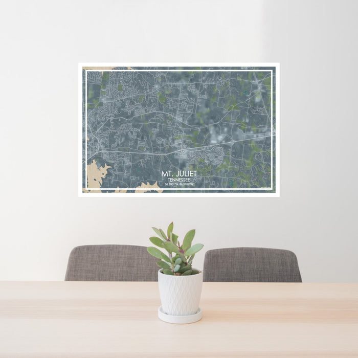 24x36 Mt. Juliet Tennessee Map Print Lanscape Orientation in Afternoon Style Behind 2 Chairs Table and Potted Plant