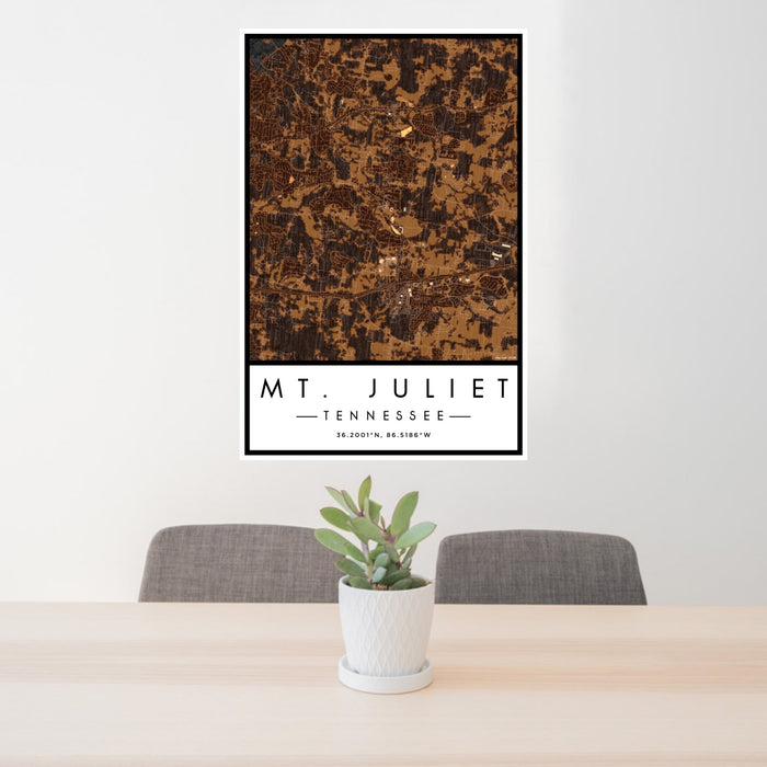 24x36 Mt. Juliet Tennessee Map Print Portrait Orientation in Ember Style Behind 2 Chairs Table and Potted Plant