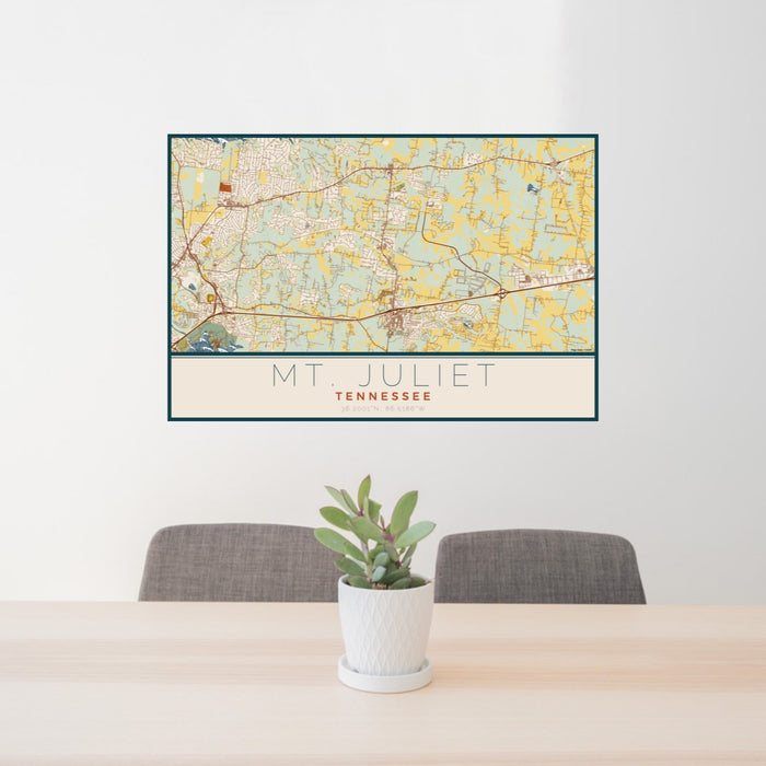 24x36 Mt. Juliet Tennessee Map Print Lanscape Orientation in Woodblock Style Behind 2 Chairs Table and Potted Plant