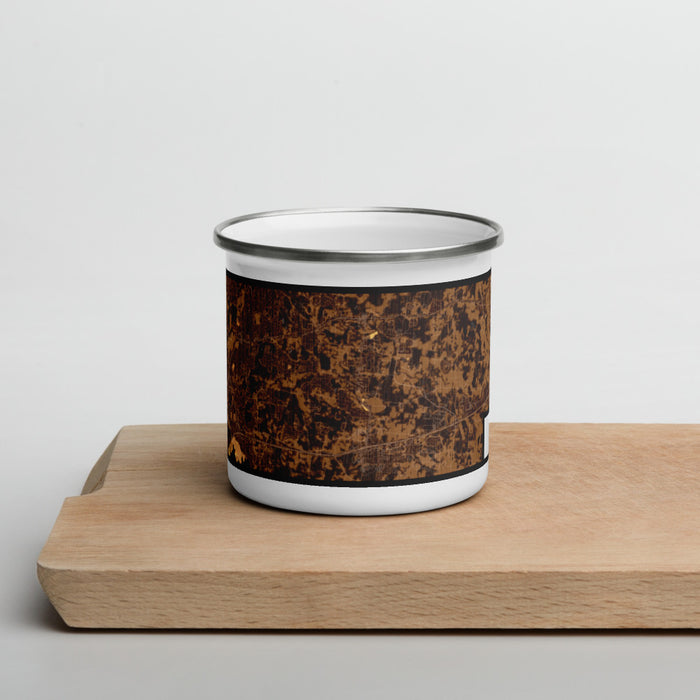 Front View Custom Mt. Juliet Tennessee Map Enamel Mug in Ember on Cutting Board