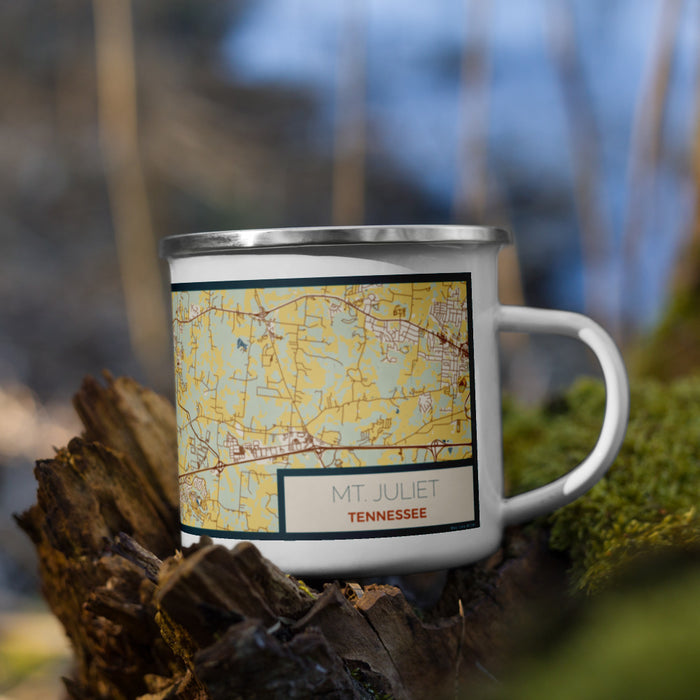 Right View Custom Mt. Juliet Tennessee Map Enamel Mug in Woodblock on Grass With Trees in Background
