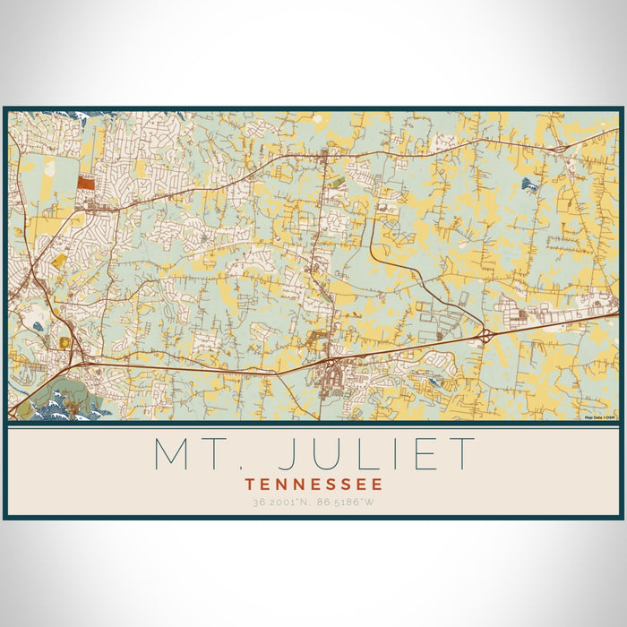 Mt. Juliet Tennessee Map Print Landscape Orientation in Woodblock Style With Shaded Background