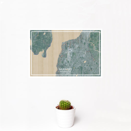 12x18 Mukilteo Washington Map Print Landscape Orientation in Afternoon Style With Small Cactus Plant in White Planter