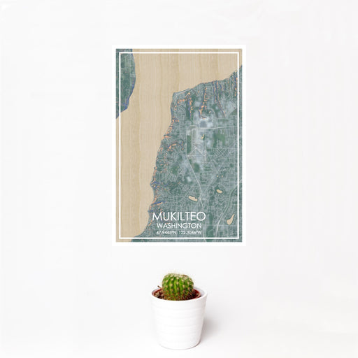 12x18 Mukilteo Washington Map Print Portrait Orientation in Afternoon Style With Small Cactus Plant in White Planter