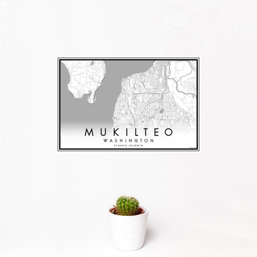 12x18 Mukilteo Washington Map Print Landscape Orientation in Classic Style With Small Cactus Plant in White Planter