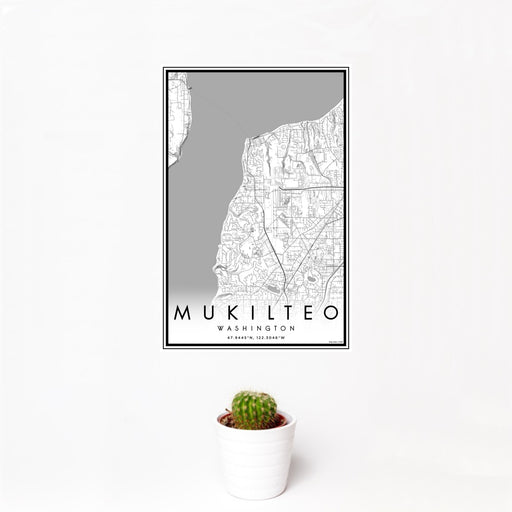 12x18 Mukilteo Washington Map Print Portrait Orientation in Classic Style With Small Cactus Plant in White Planter