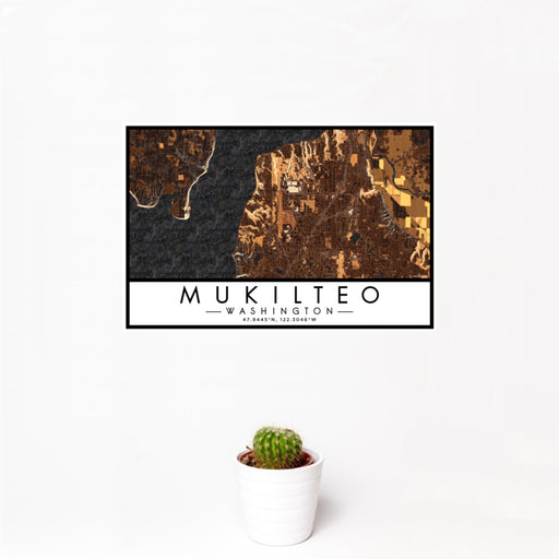 12x18 Mukilteo Washington Map Print Landscape Orientation in Ember Style With Small Cactus Plant in White Planter