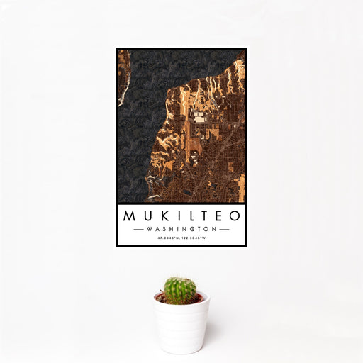 12x18 Mukilteo Washington Map Print Portrait Orientation in Ember Style With Small Cactus Plant in White Planter