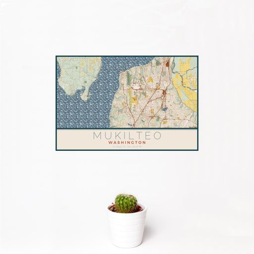 12x18 Mukilteo Washington Map Print Landscape Orientation in Woodblock Style With Small Cactus Plant in White Planter