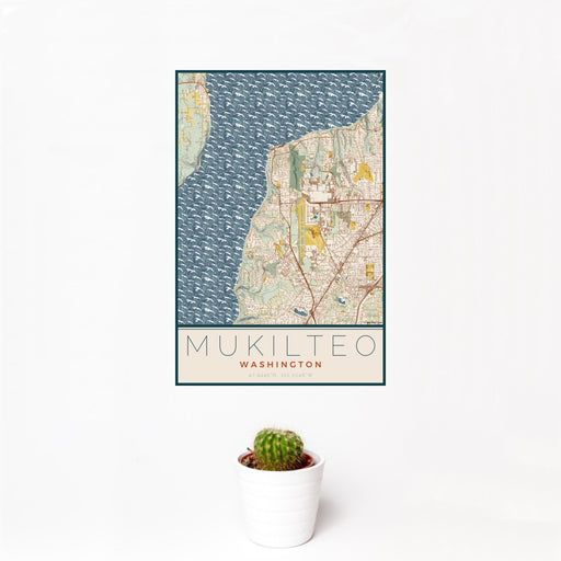 12x18 Mukilteo Washington Map Print Portrait Orientation in Woodblock Style With Small Cactus Plant in White Planter