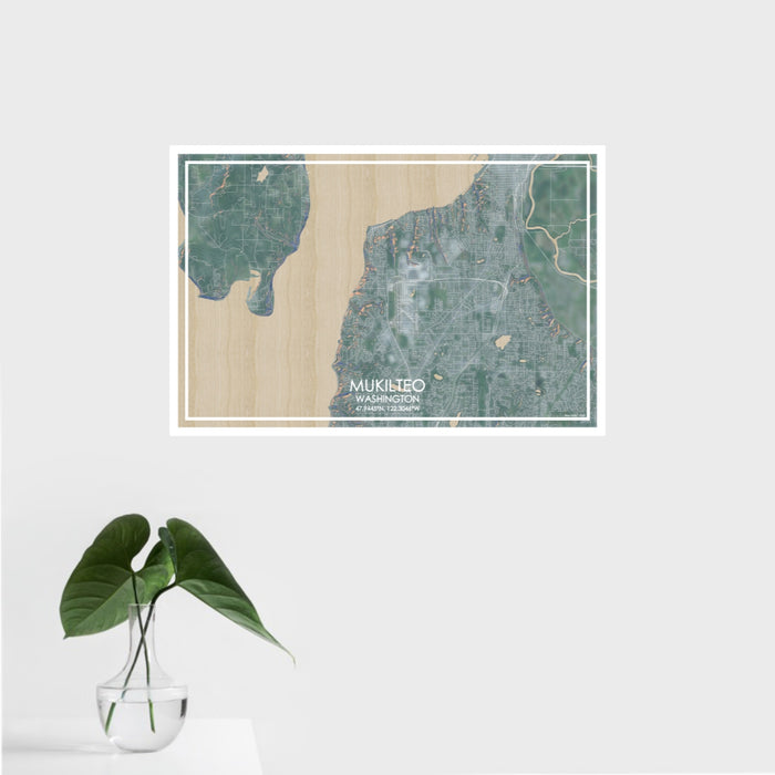 16x24 Mukilteo Washington Map Print Landscape Orientation in Afternoon Style With Tropical Plant Leaves in Water