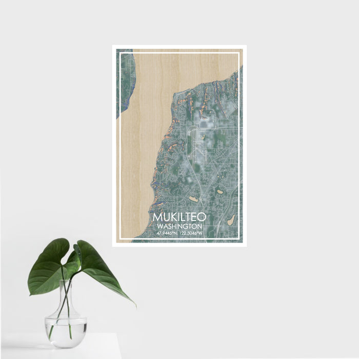 16x24 Mukilteo Washington Map Print Portrait Orientation in Afternoon Style With Tropical Plant Leaves in Water
