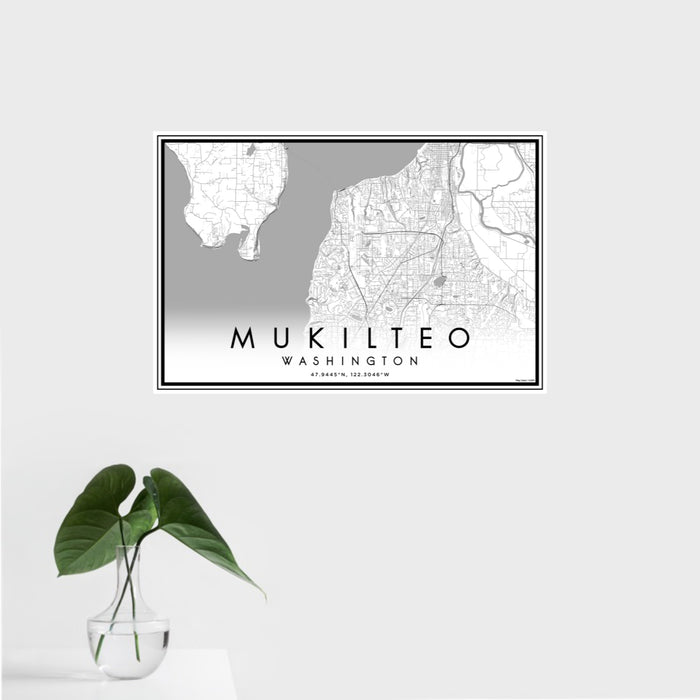 16x24 Mukilteo Washington Map Print Landscape Orientation in Classic Style With Tropical Plant Leaves in Water