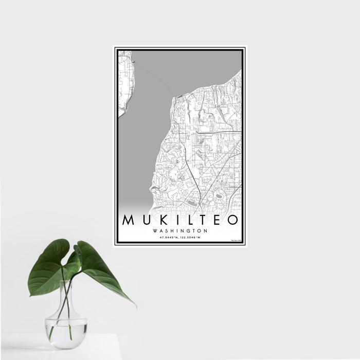 16x24 Mukilteo Washington Map Print Portrait Orientation in Classic Style With Tropical Plant Leaves in Water