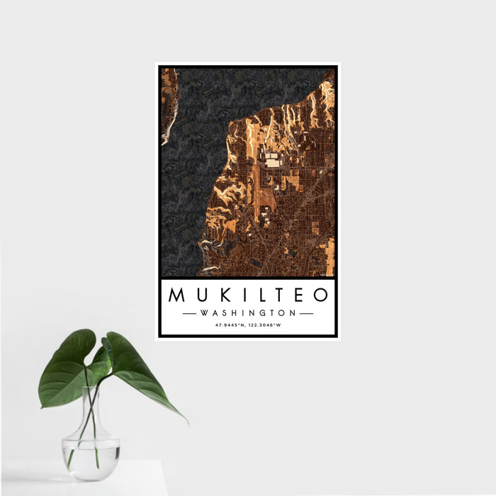 16x24 Mukilteo Washington Map Print Portrait Orientation in Ember Style With Tropical Plant Leaves in Water